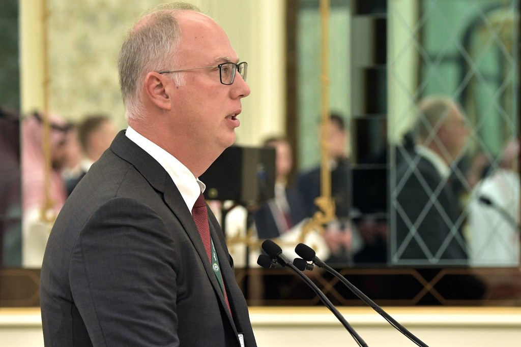 Kirill Dmitriev delivering a speech at the first meeting of Russian-Saudi Economic Committee